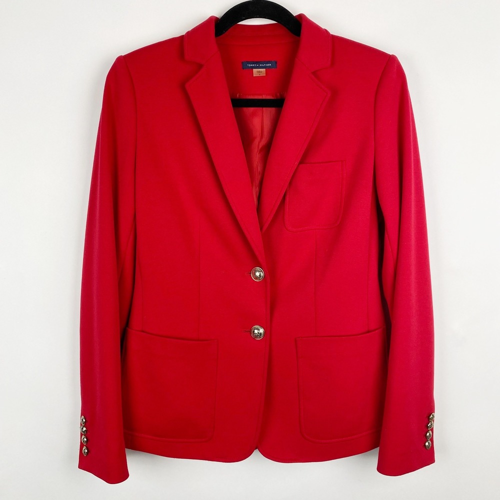 Tommy Hilfiger Crest Button Tailored Pont Knit Blazer Jacket Women 4 Red Classic